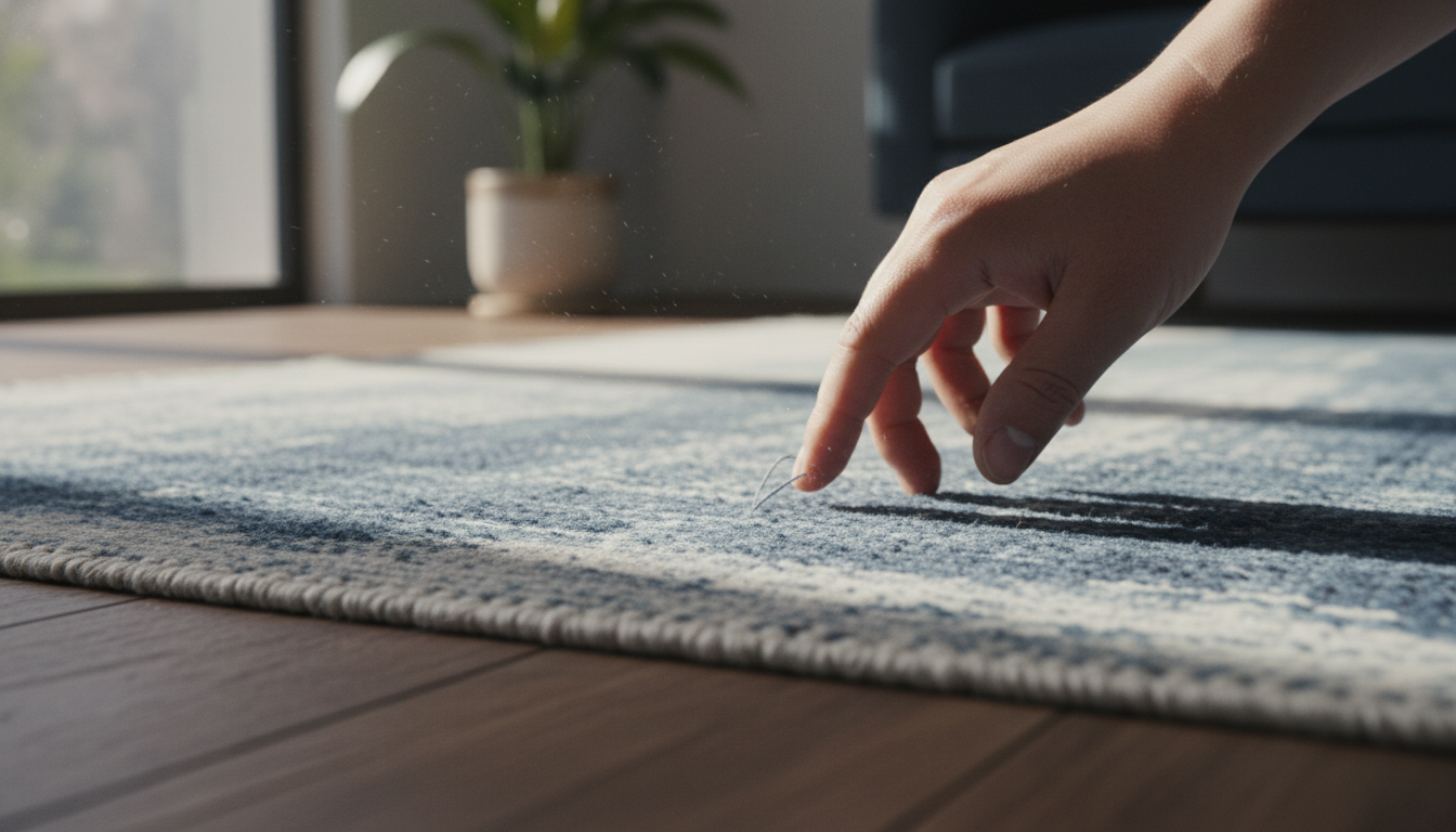Detail of the stone-washed finish on an indigo rug showing the soft, faded patina and artisanal texture.
