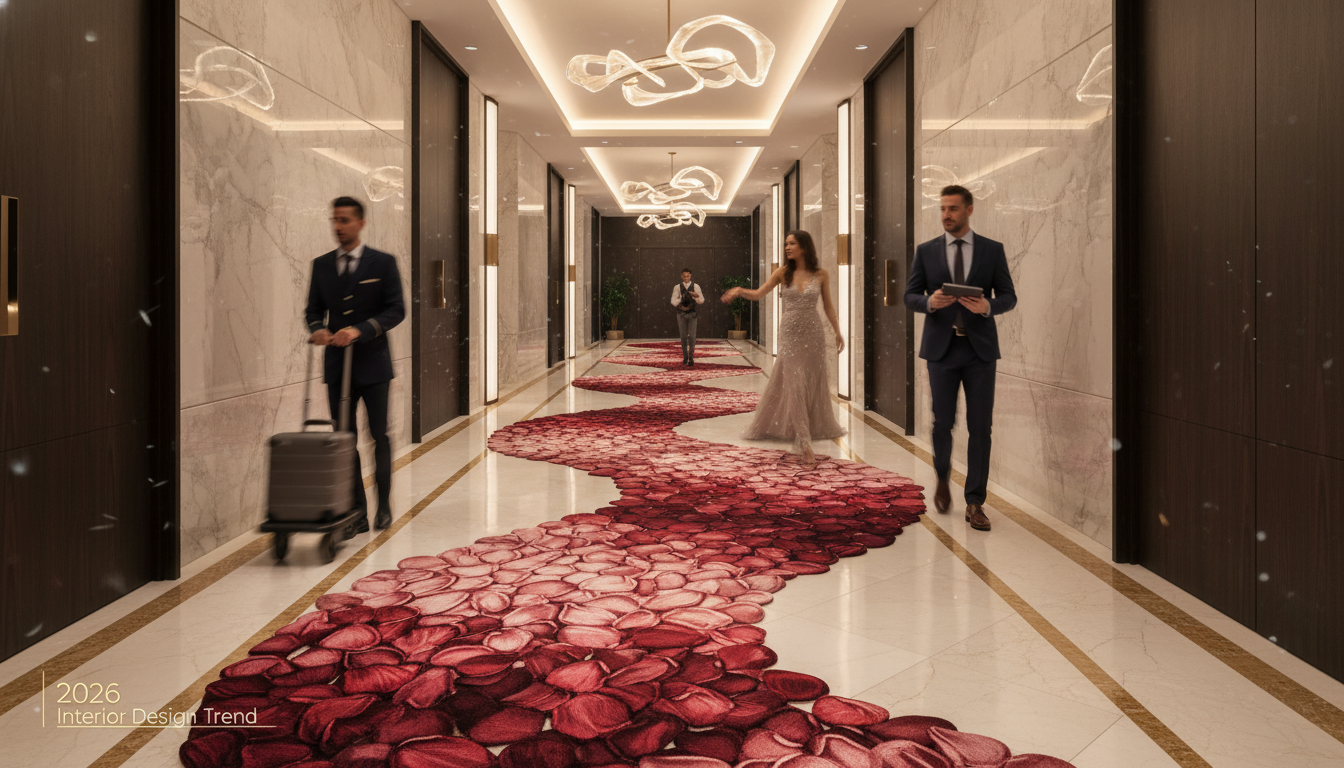 A luxury hallway utilizing a petal-woven rug to soften the architectural lines and provide a welcoming atmosphere.