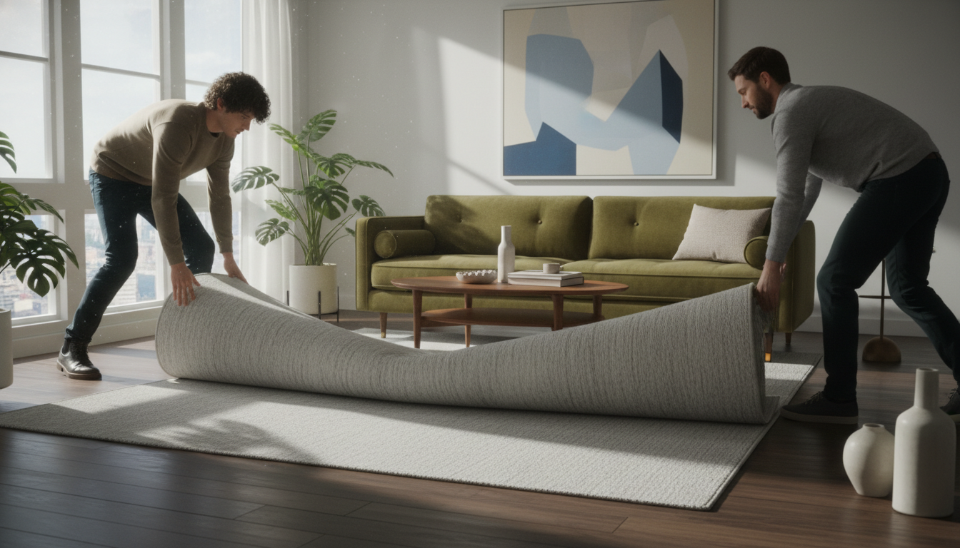 Light grey area rug placed on dark hardwood floors creating a sophisticated contrast in a designer home.