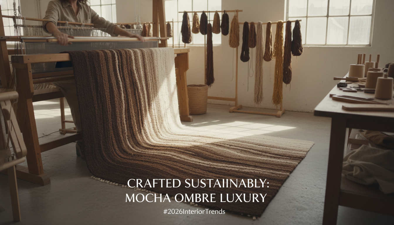 Artisan weaving a hand-knotted mocha ombre rug using premium sustainable materials for 2026 luxury homes.