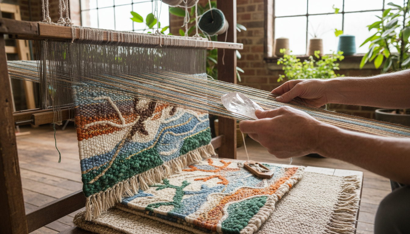 Artisanal craftsmanship showing the manual process of inlaying minerals into a hand-knotted rug weave.