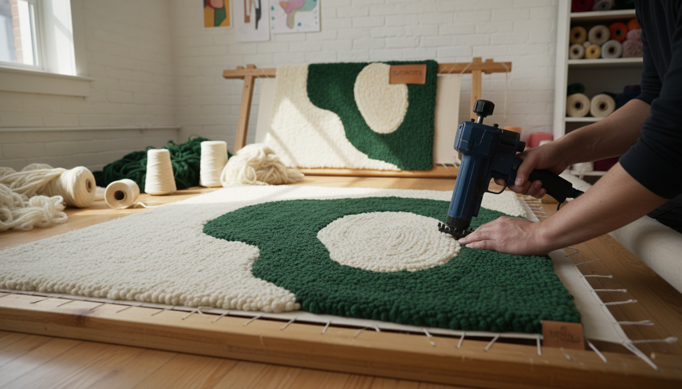 An artisan demonstrating the hand-tufting process for a premium Tuftsknots rug, emphasizing traditional craftsmanship.