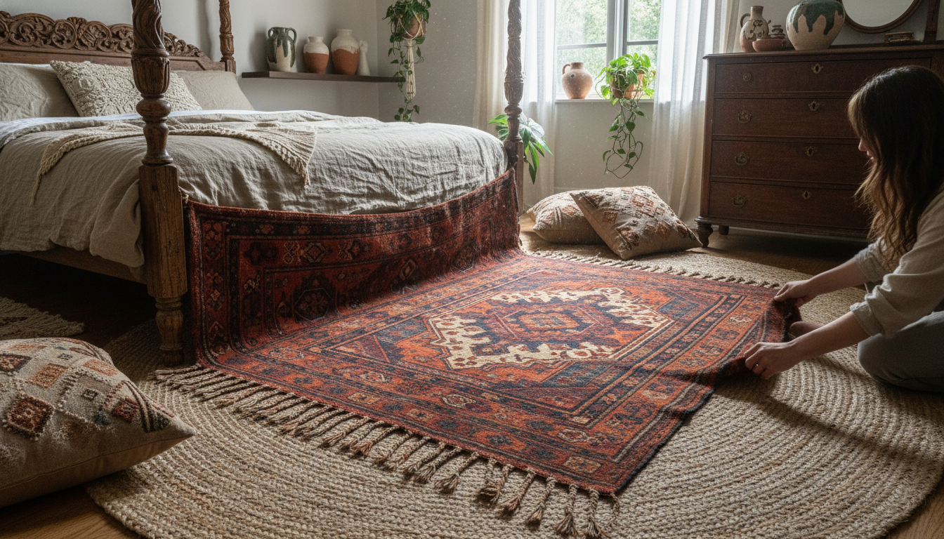 Modern bohemian bedroom styling with layered heritage rugs and antique furniture.