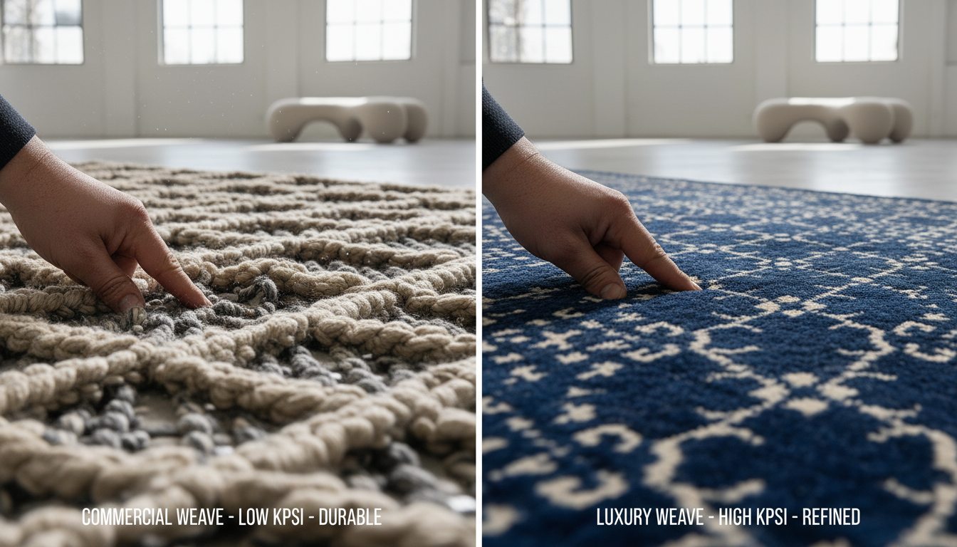 Visual comparison between a low-density commercial rug and a high-density luxury rug.