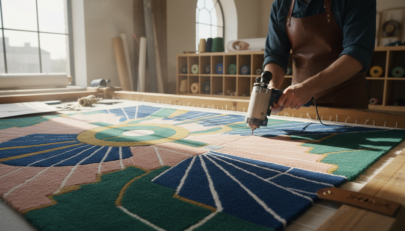 The artisanal process of creating a handcrafted Neo-Deco rug with precision and luxury materials.