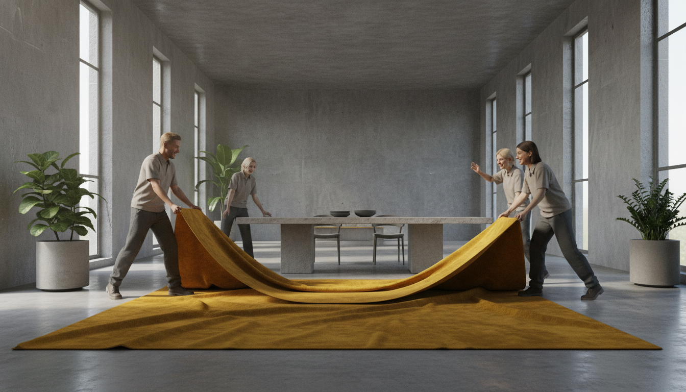 A vibrant citrine yellow saturated jewel tone rug contrasting against brutalist concrete architecture in a modern dining space.
