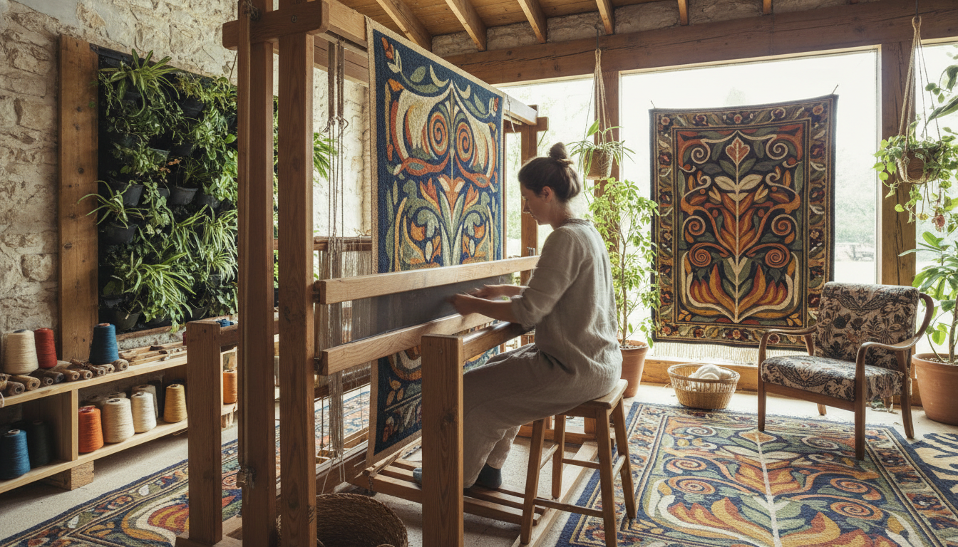 Traditional artisan weaving a sustainable Folk Nouveau rug on a wooden loom.