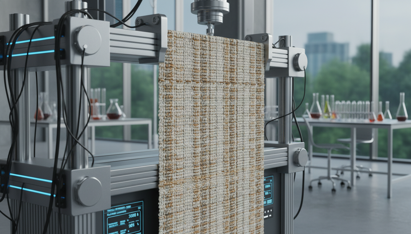 Technical visualization of the durability and strength testing of 2026 bio-fiber materials for high-traffic rugs.