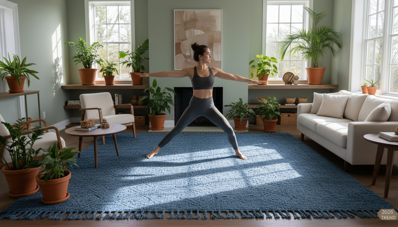 Tonal blue rug 2026 paired with a sophisticated palette of earthy terracotta and sage green accents.