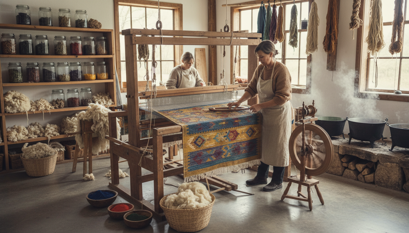 Ethical production of Afro-Bohemian heritage rugs 2026 using organic wool and sustainable plant-based dyes.