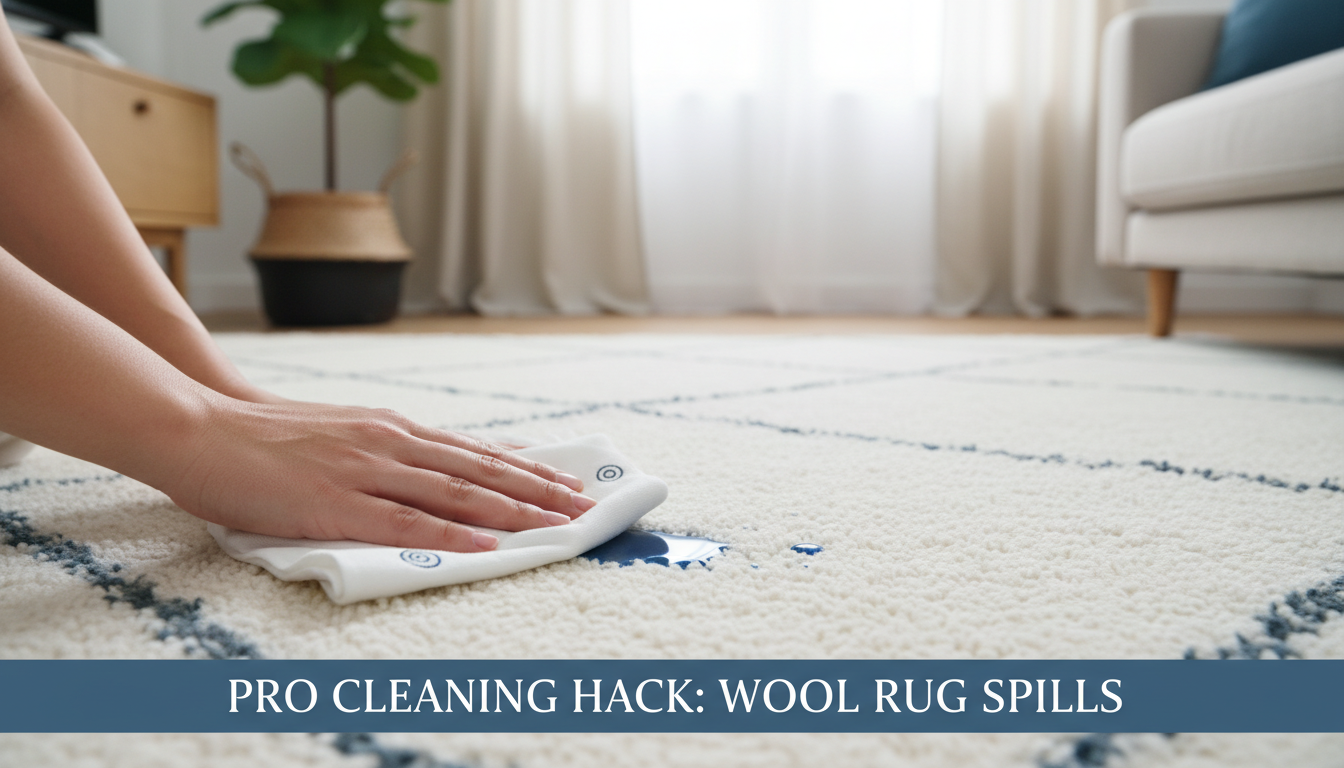 A demonstration of the correct blotting technique for spill removal on a high-value wool rug to prevent stain setting.
