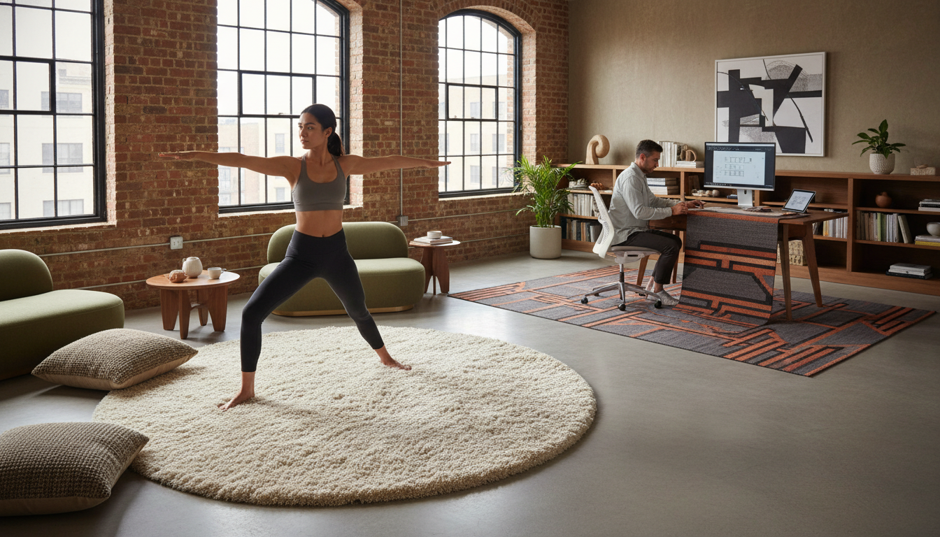 Open-plan home layout using different sensory rugs to define cognitive zones for work and relaxation.