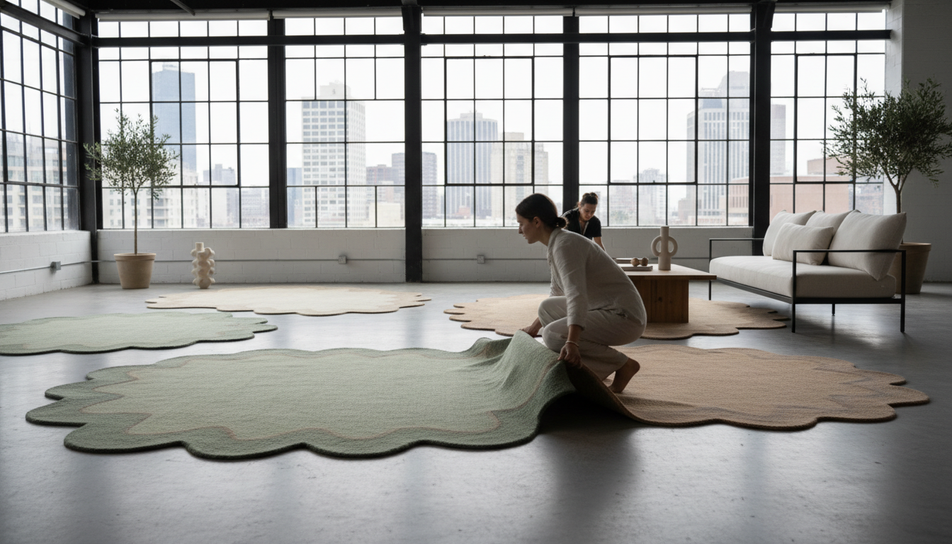 Industrial loft space softened by the inclusion of layered undulating wave-edged rugs in organic colors.