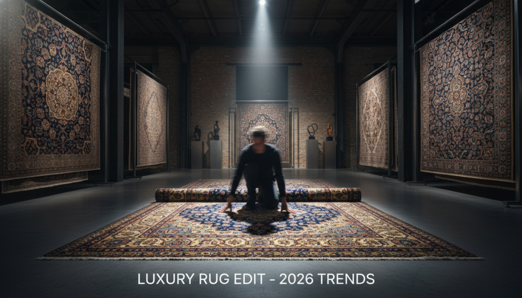 Exclusive rug warehouse showing high-end stock available during 2026 supply shortages.