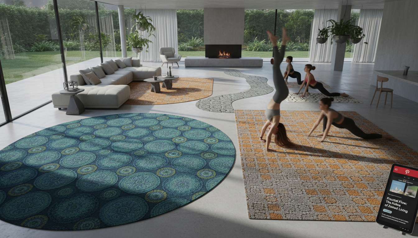 Open-concept home using fractal pattern rugs 2026 to define distinct living and dining zones through geometric scale.