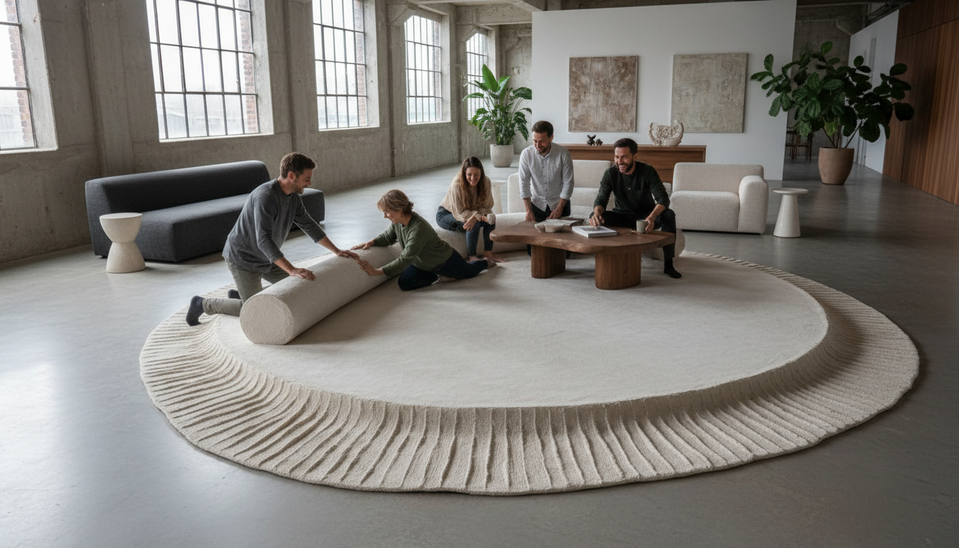 Large-scale haptic rug used to define space in a contemporary minimalist loft.