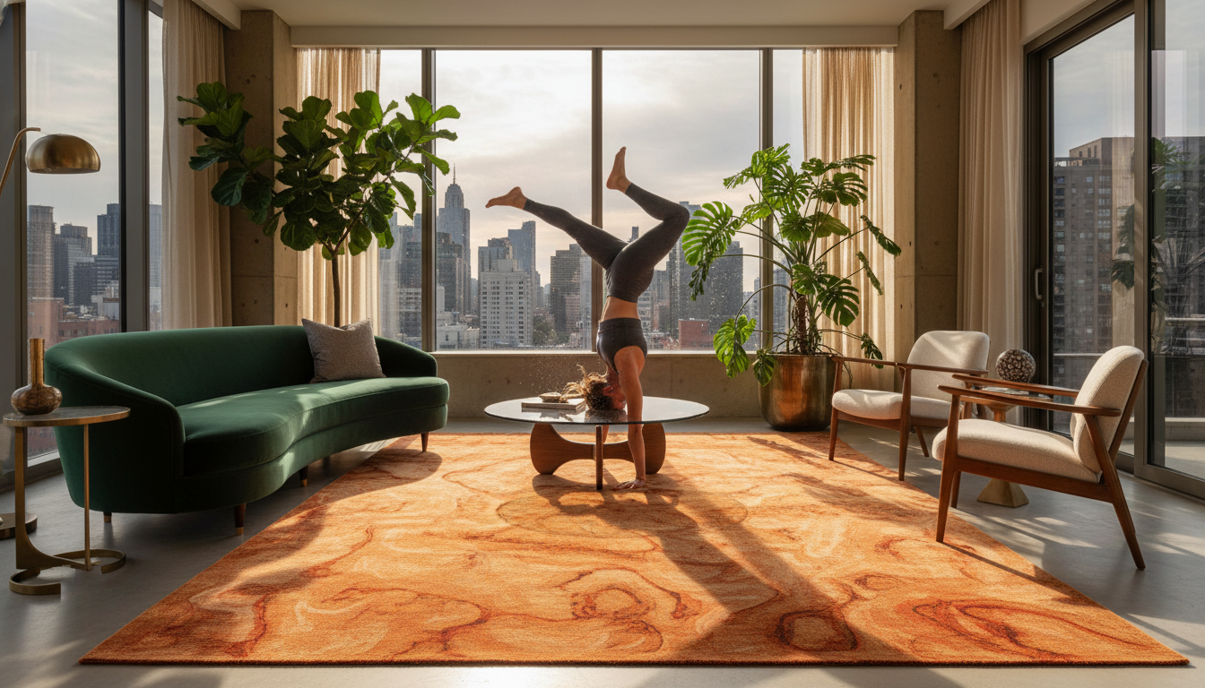 Sophisticated boho interior design featuring a scorched ochre rug and modern furniture.