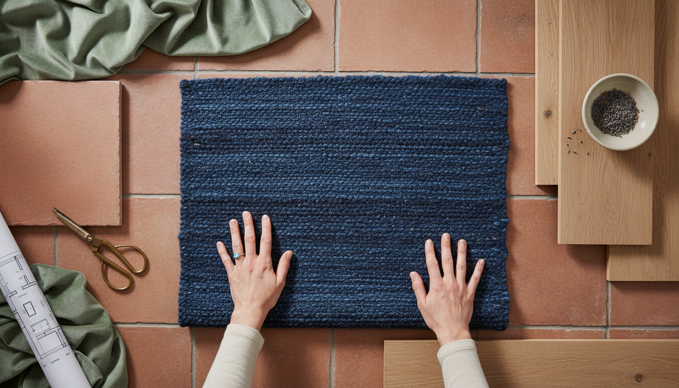 Interior design mood board featuring stone-washed indigo hemp rug samples with modern color palettes like terracotta and sage.
