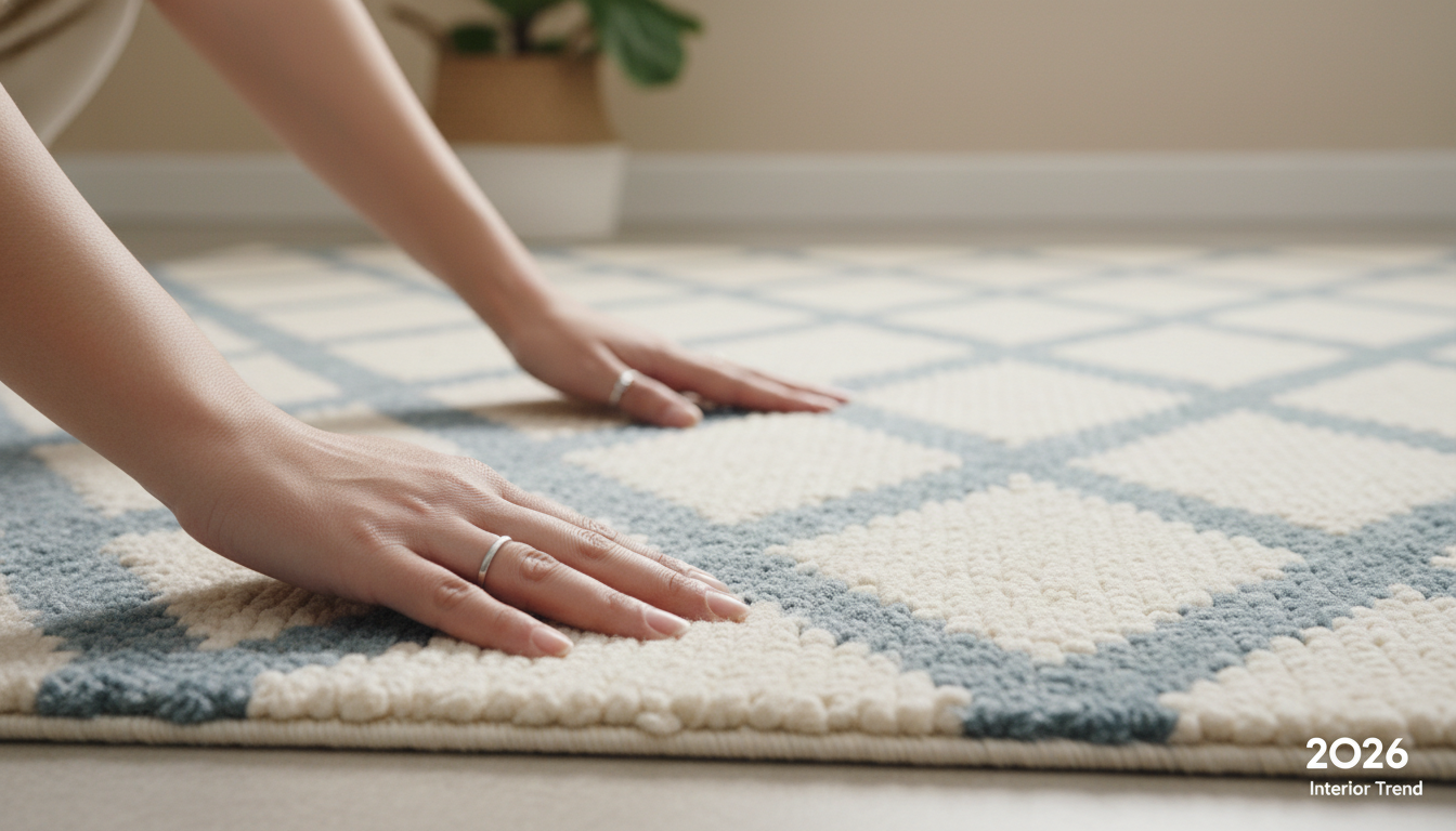 Tactile demonstration of sustainable fibers used in 2026 romantic minimalist rug production.