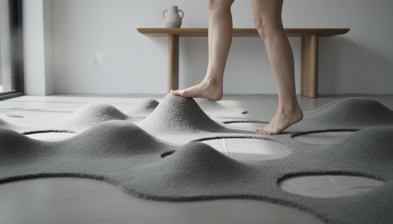 Detailed view of a 3D textured grey rug with abstract patterns acting as floor art.