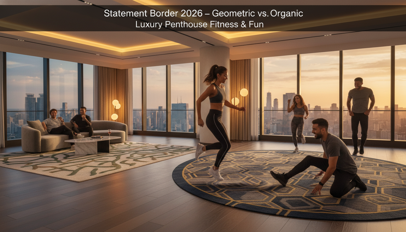 Open-plan penthouse utilizing border rugs to zonally define living and dining areas.