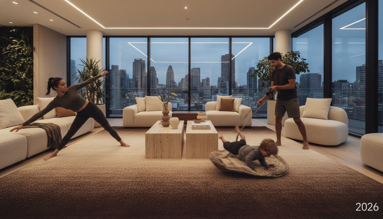 Open-plan living space with a mocha ombre rug 2026 used to define a sophisticated neutral seating zone.