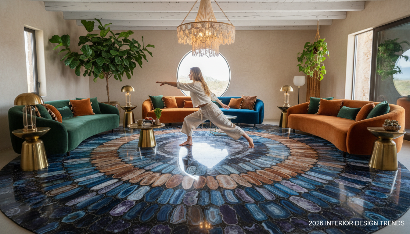 A sophisticated boho-chic interior styled with a statement Mineral-Inlay Rug and minimalist furniture.