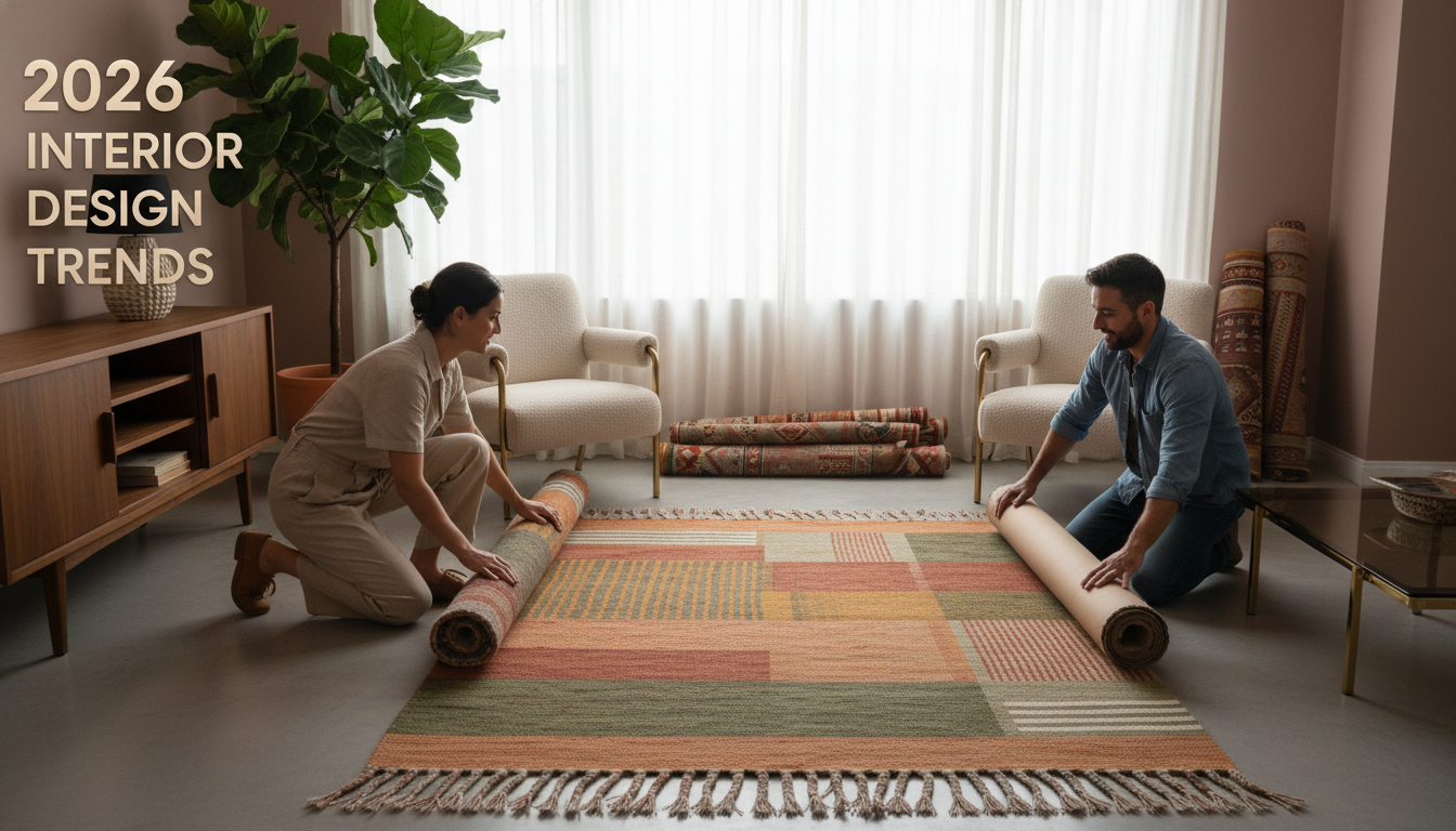 Interior design featuring a rug in earthy tones like terracotta and green, showcasing 2026 color trends.