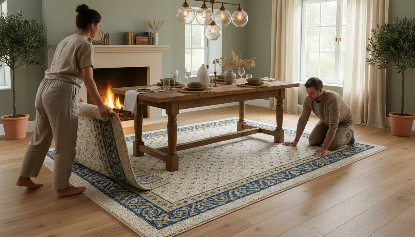 Farmhouse dining room design featuring a Cotswolds-style heritage rug under a large wooden table.