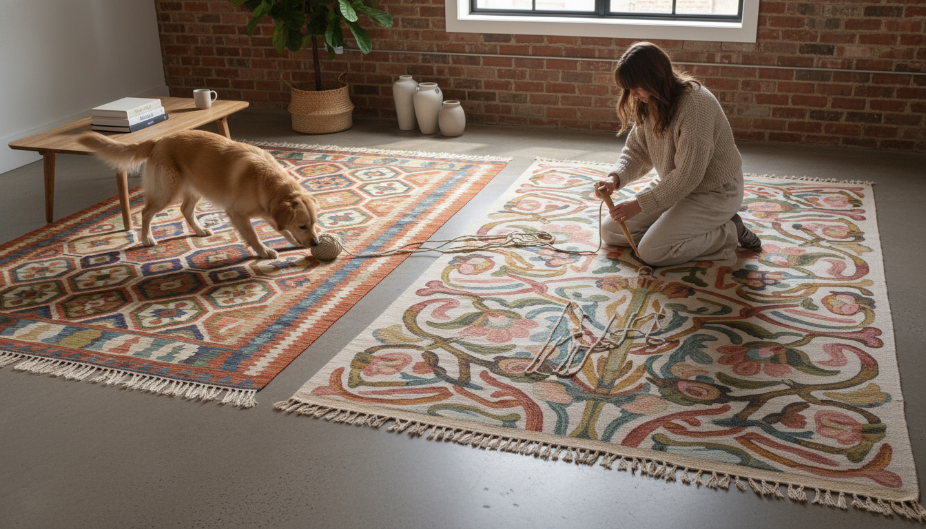 Visual comparison between a traditional geometric Kelim and a flowing Folk Nouveau flatweave rug.