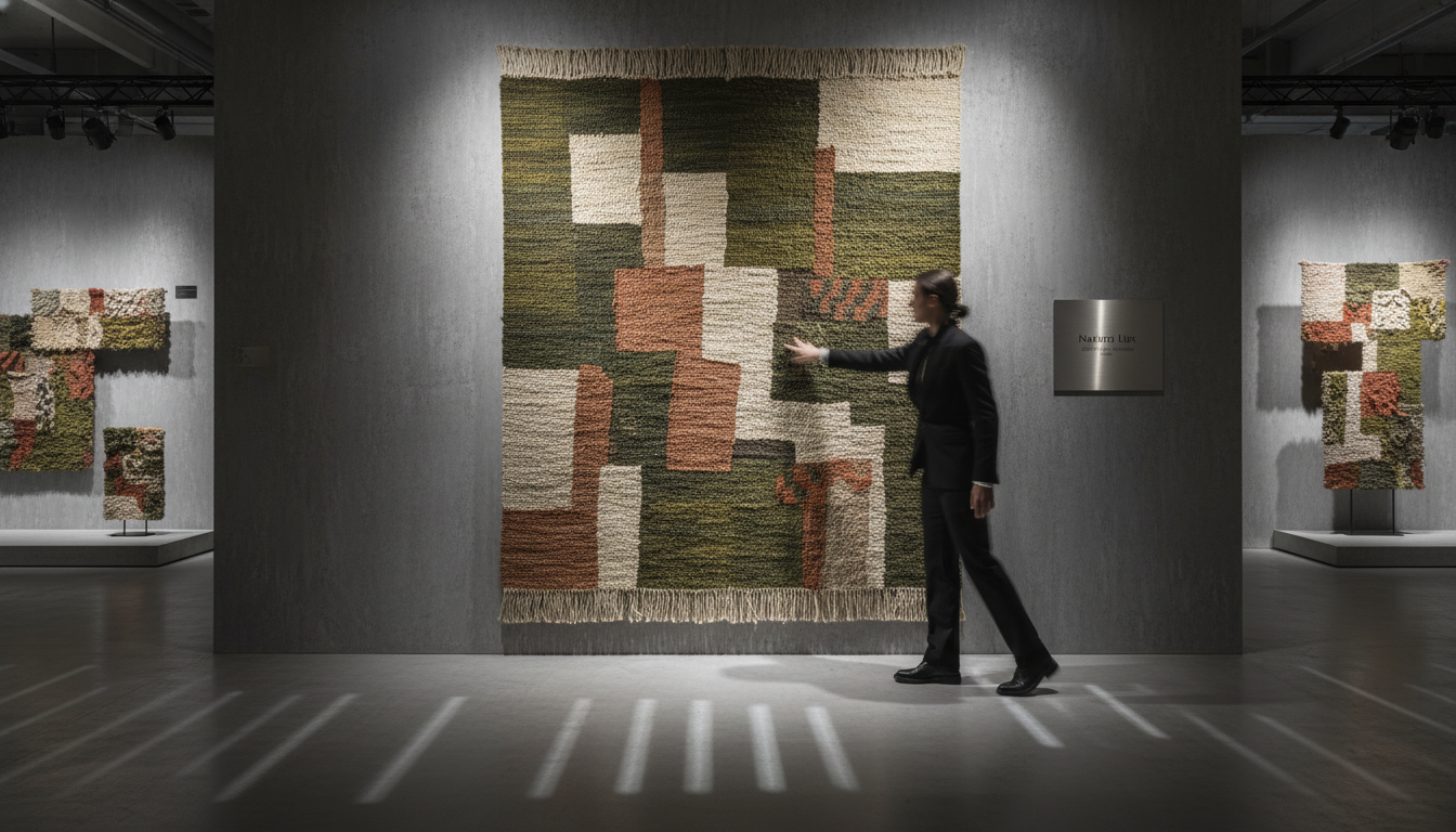 Eco-luxury bio-fiber rug displayed as high-end floor art in a gallery setting.