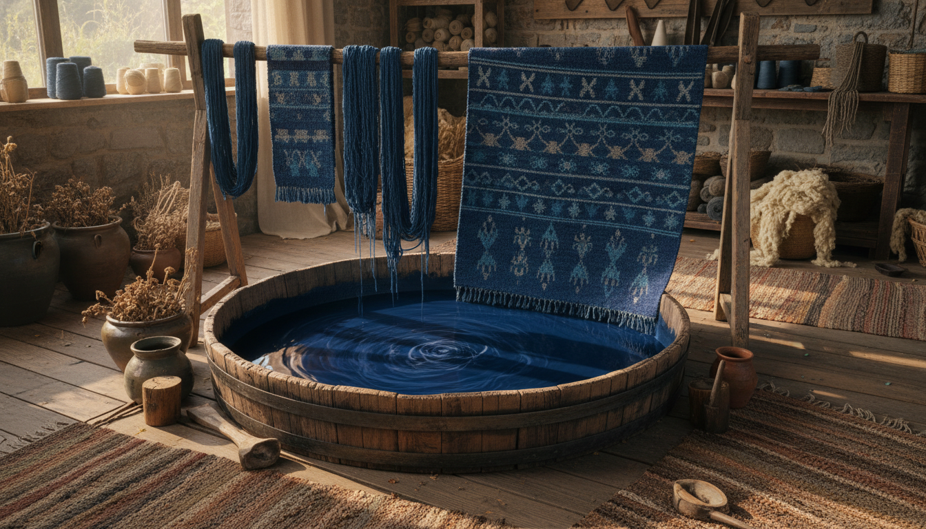 Traditional indigo dyeing process highlighting the sustainable heritage of tonal blue rugs 2026.