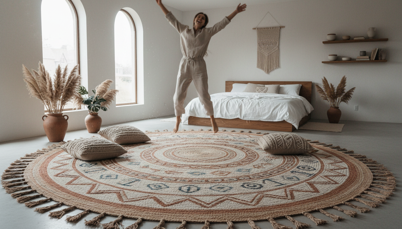 Minimalist bedroom design centered around a culturally rich Afro-Bohemian heritage rug.