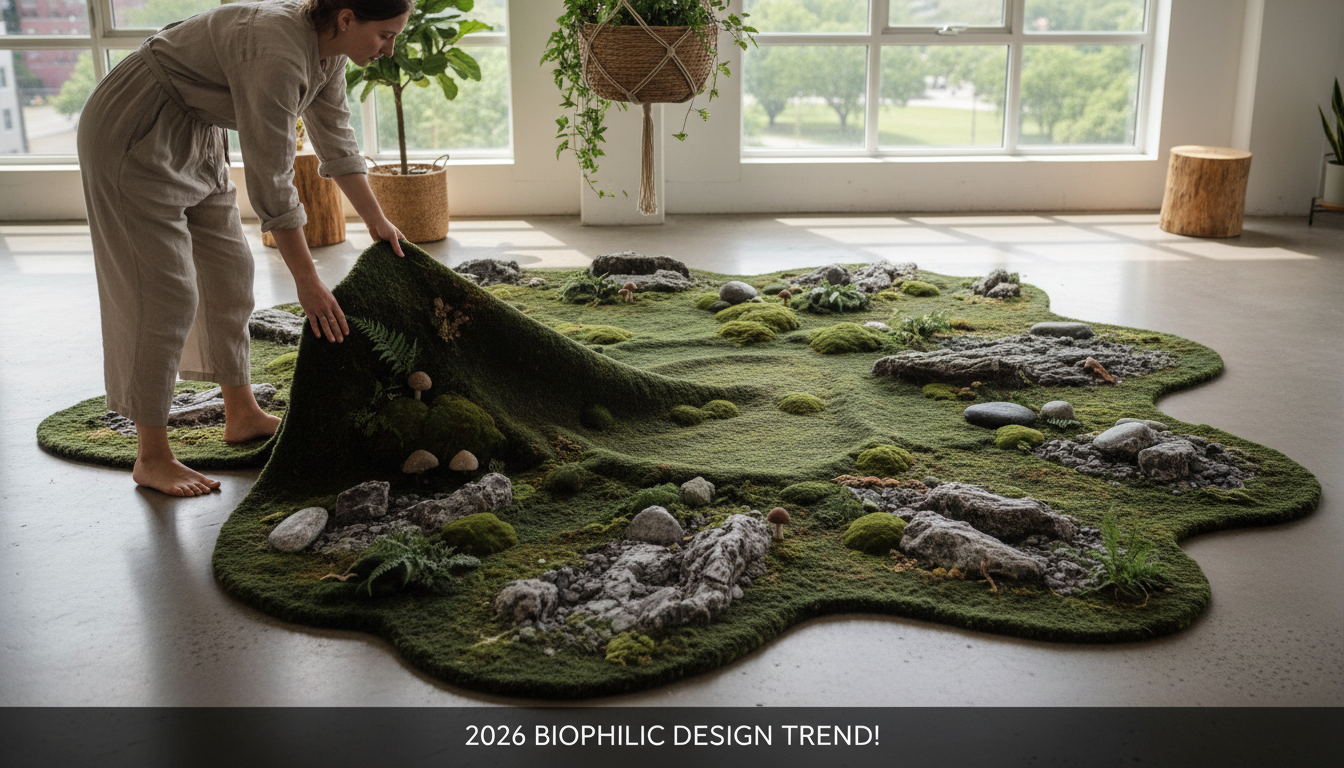Biophilic sensory rug 2026 designed to mimic the textures of a forest floor with moss and stone patterns.