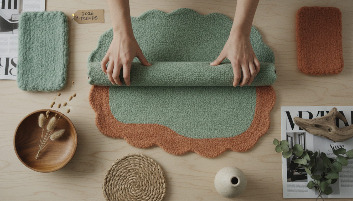 Design mood board showing 2026 color trends for undulating wave-edged rugs including seafoam and terracotta.