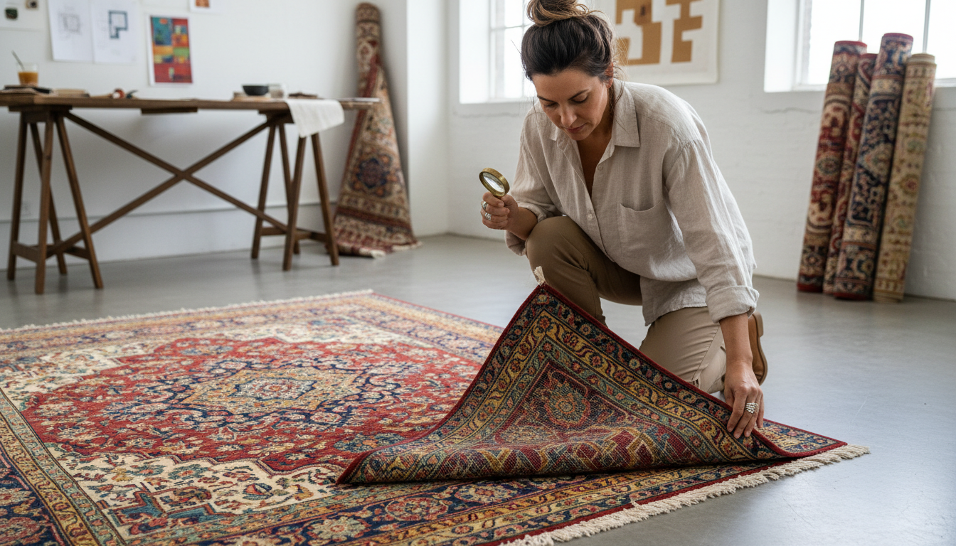 Expert inspecting the knot density of an investment-grade Indian rug.