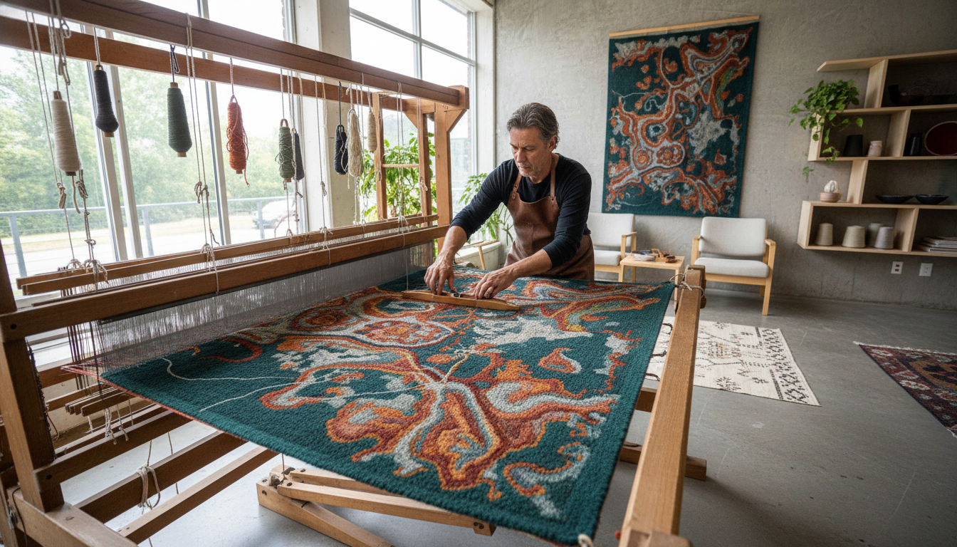 Artisan hand-tufting a fractal pattern rug based on algorithmic topographical designs.