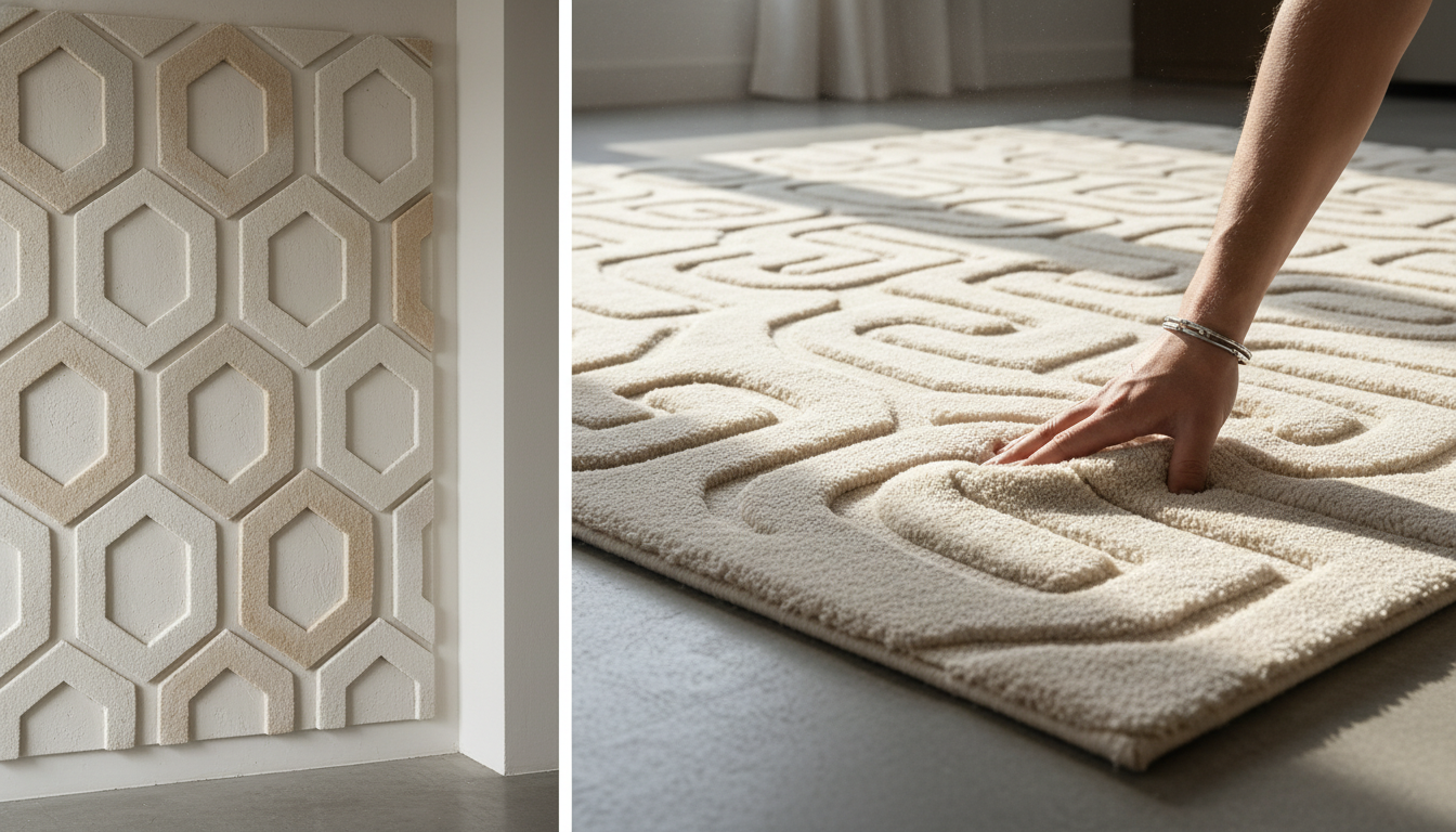 Comparison of architectural plaster wall art and matching sculptural floor rug.