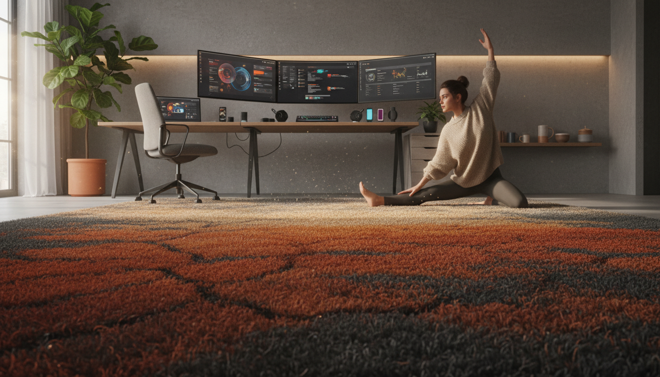 Modern home office grounded by a scorched ochre rug to balance technology with nature.