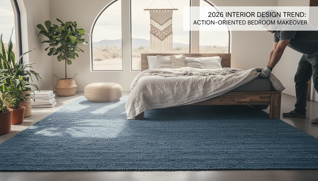 Boho-chic bedroom interior featuring a large indigo hemp rug as a central design element with natural wood and linen accents.