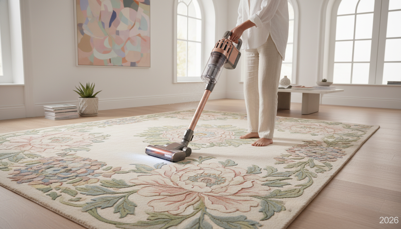 A demonstration of the proper maintenance technique for cleaning multi-level pile height petal-woven rugs.