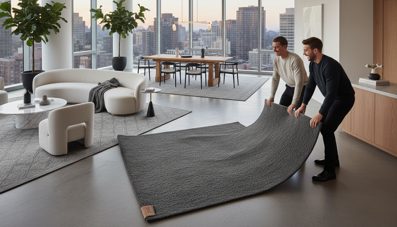 Open-plan penthouse featuring multiple grey rugs to define different functional living zones.