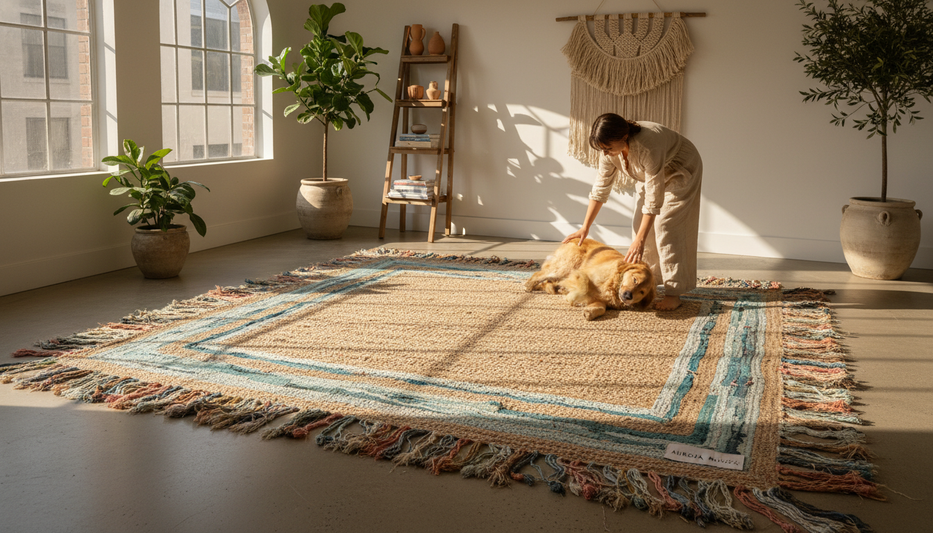Eco-friendly statement rug featuring sustainable jute and recycled silk borders.