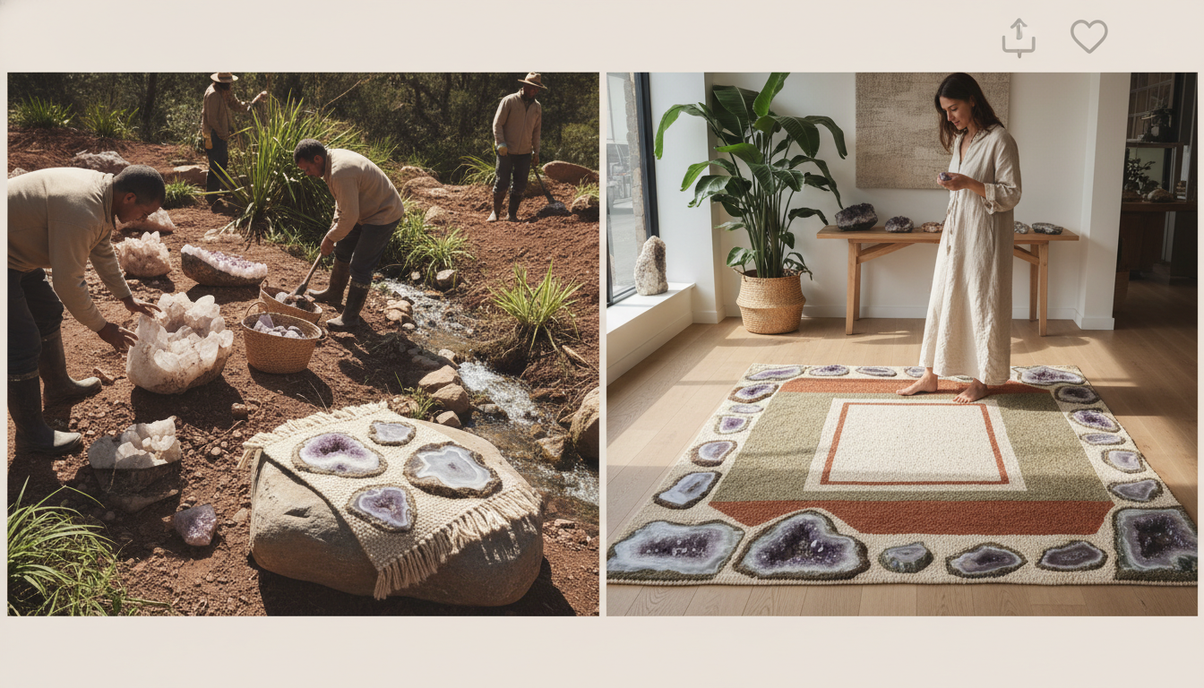 Conceptual image representing the ethical sourcing of stones for luxury mineral-inlay rugs.