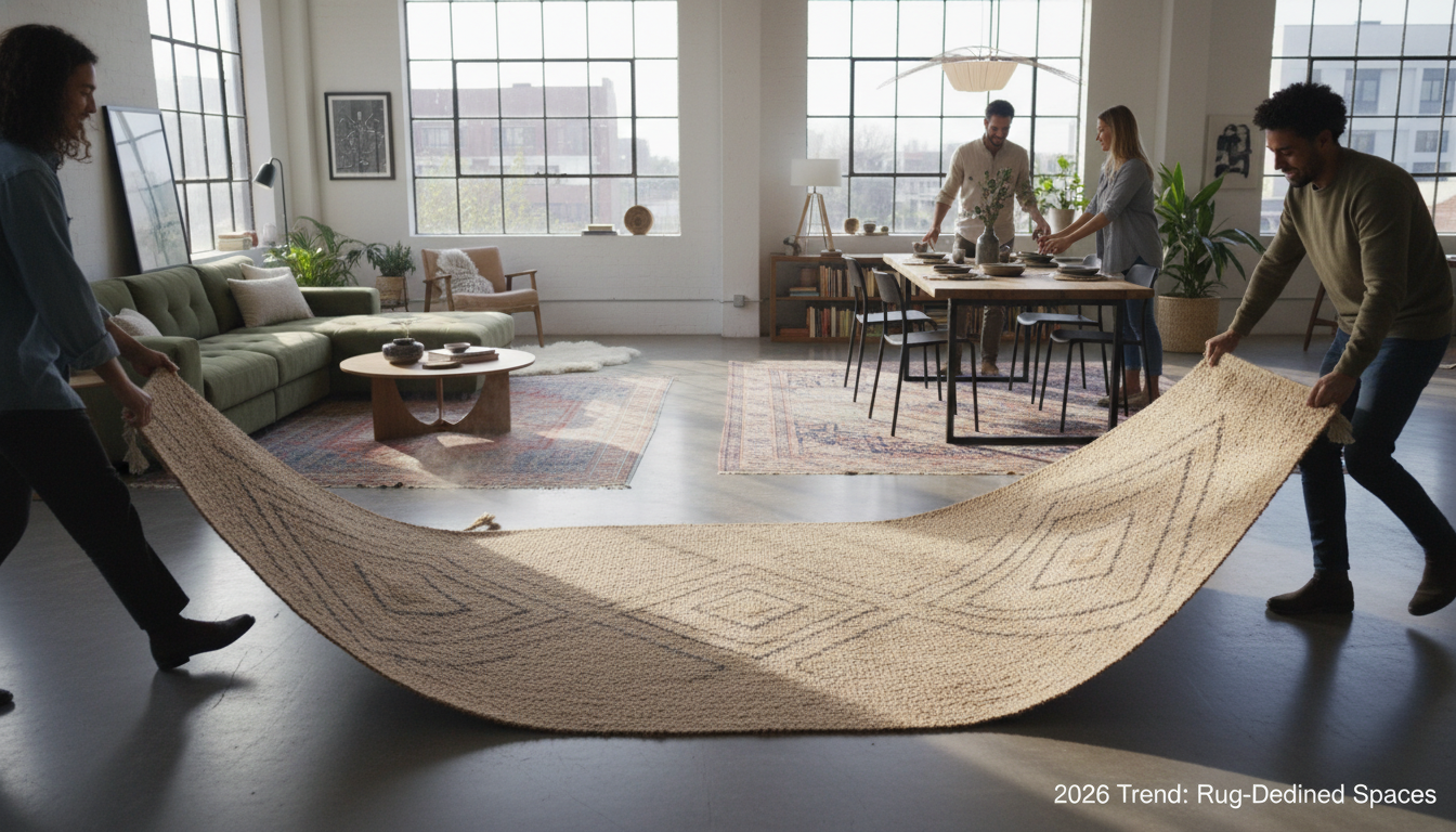 Open-plan loft using Top 10 trending rugs to define separate functional zones without structural partitions.