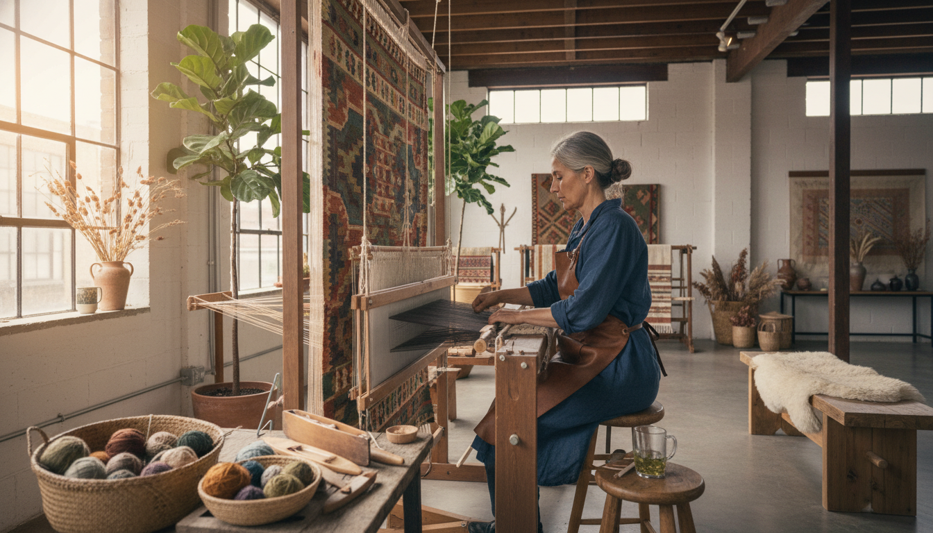 Artisan weaving a high-end heritage rug, representing the investment value of 2026 design trends.