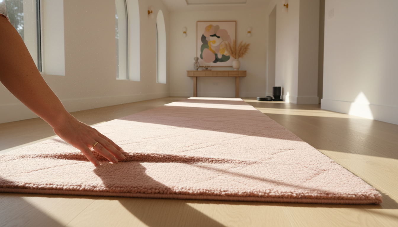 Luxury hallway runner in pink being preserved by proper placement and high-end maintenance techniques.