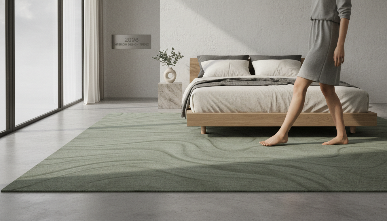 Minimalist master bedroom design showcasing a high-sheen Tencel eucalyptus rug as a focal point.