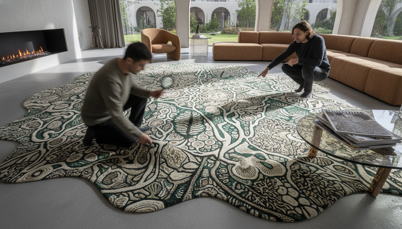 Modern interior with a trend-setting rug featuring high-density narrative weaving.