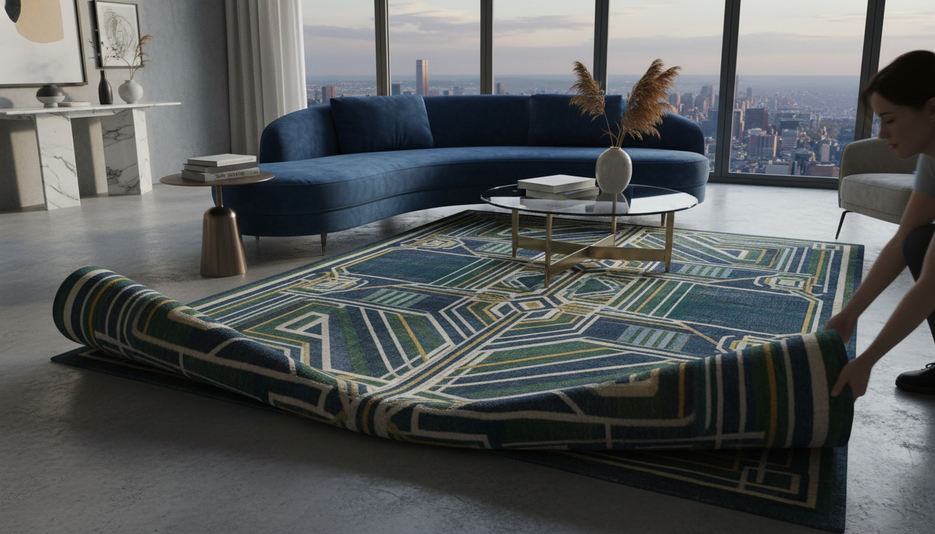 Interior design inspiration for styling bold Neo-Deco rugs with modern curved furniture.
